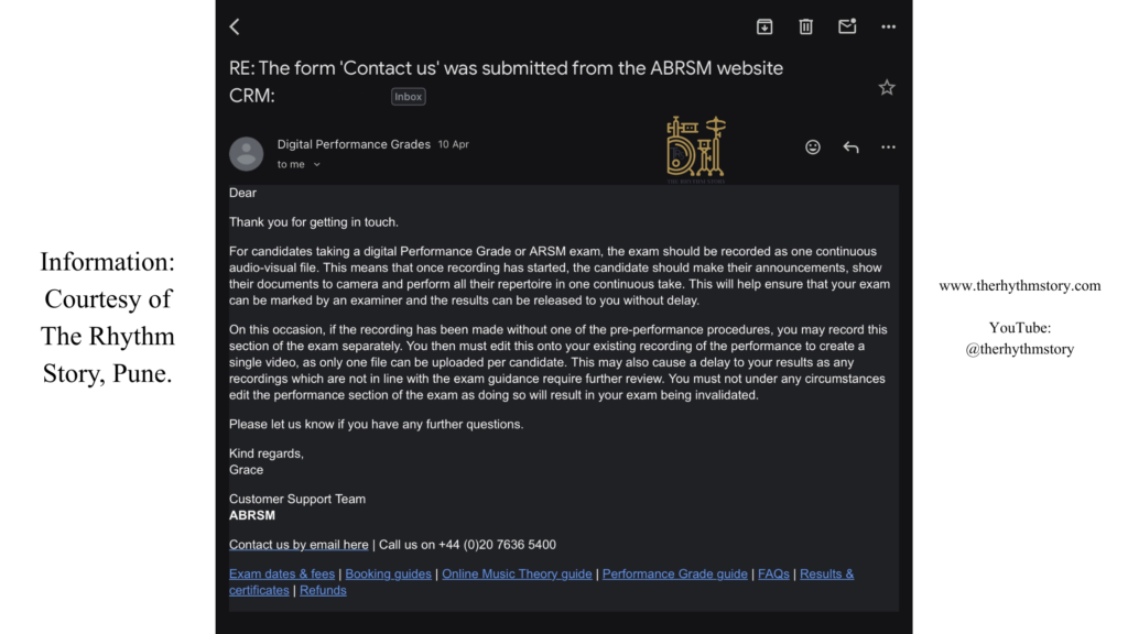 ABRSM official email confirming intro can be recorded separately and added before continuous performance video