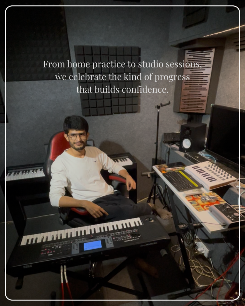 Sagar Belsare at Rhythm Story Studios Pune working on music production and instruments