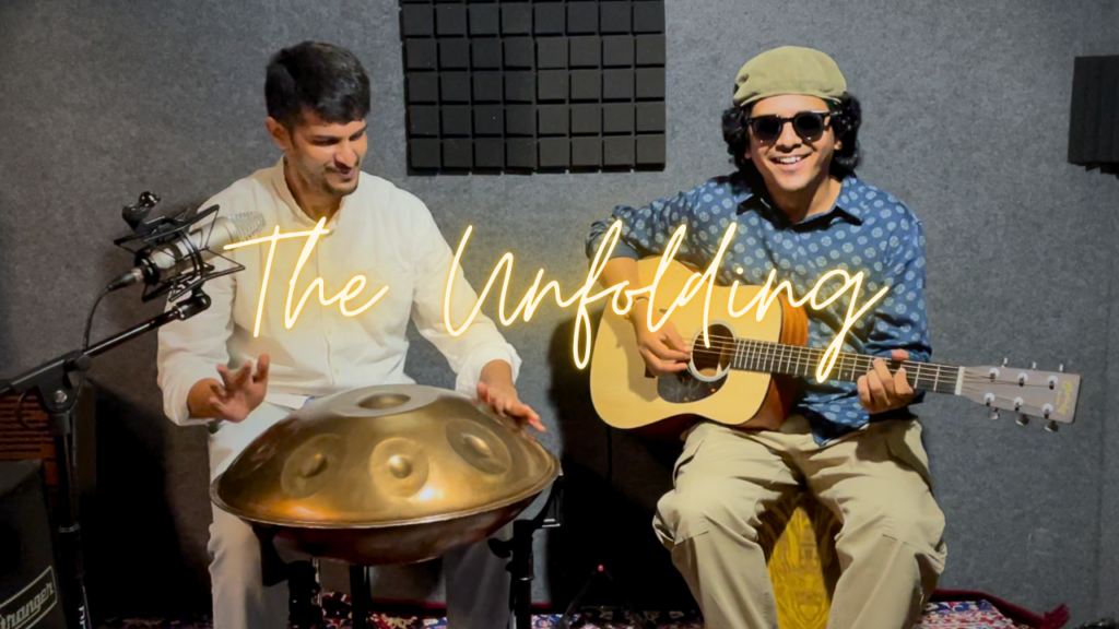 Sagar Belsare playing handpan with guitarist Sanket Nashikkar during an ambient instrumental improvisation session at The Rhythm Story studio