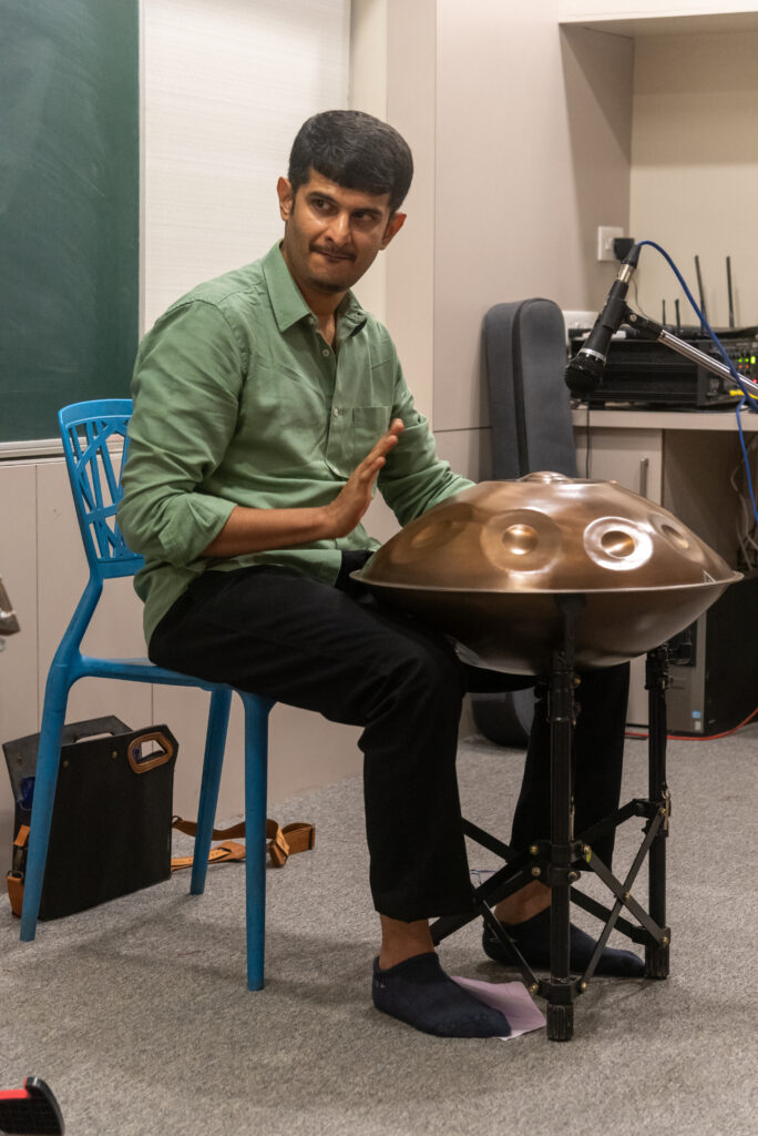 Sagar Belsare performing the handpan during a live instrumental session in Pune.