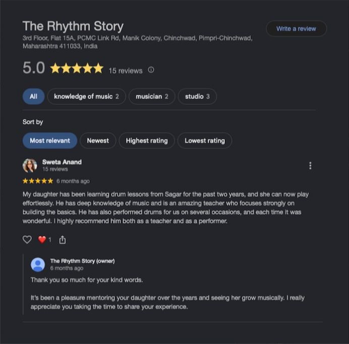Screenshot of a verified five-star Google review for The Rhythm Story music academy.