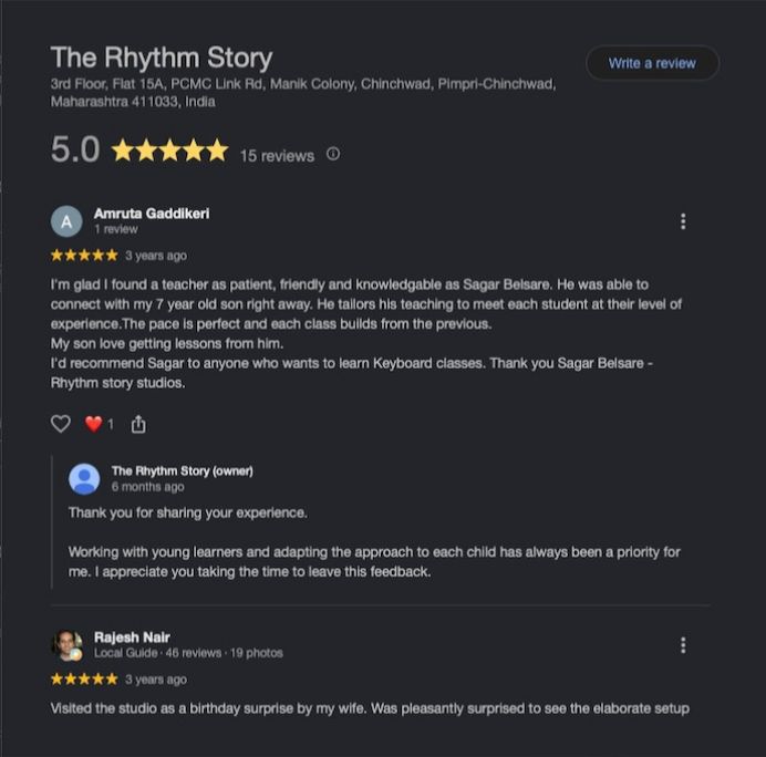 Screenshot of a five-star Google review highlighting the learning experience at The Rhythm Story.