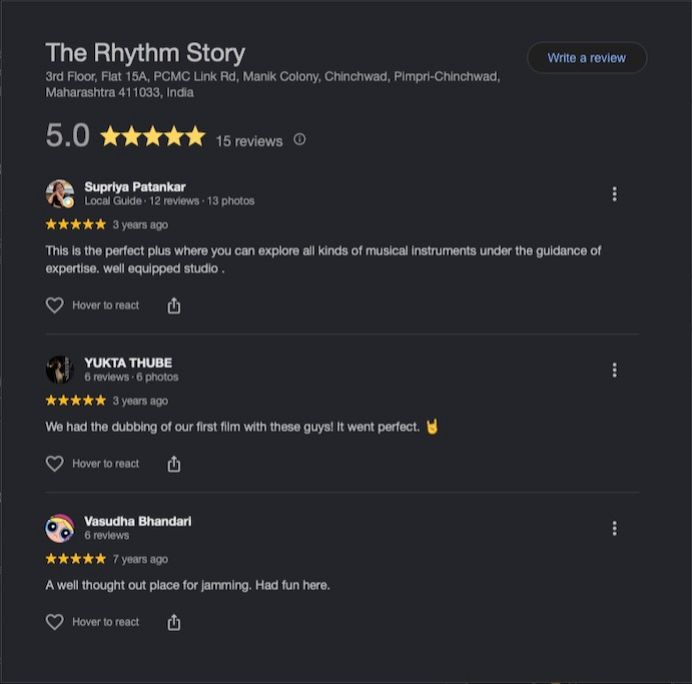 Screenshot of five-star Google reviews from a student of The Rhythm Story drum academy in Pimple Saudagar.
