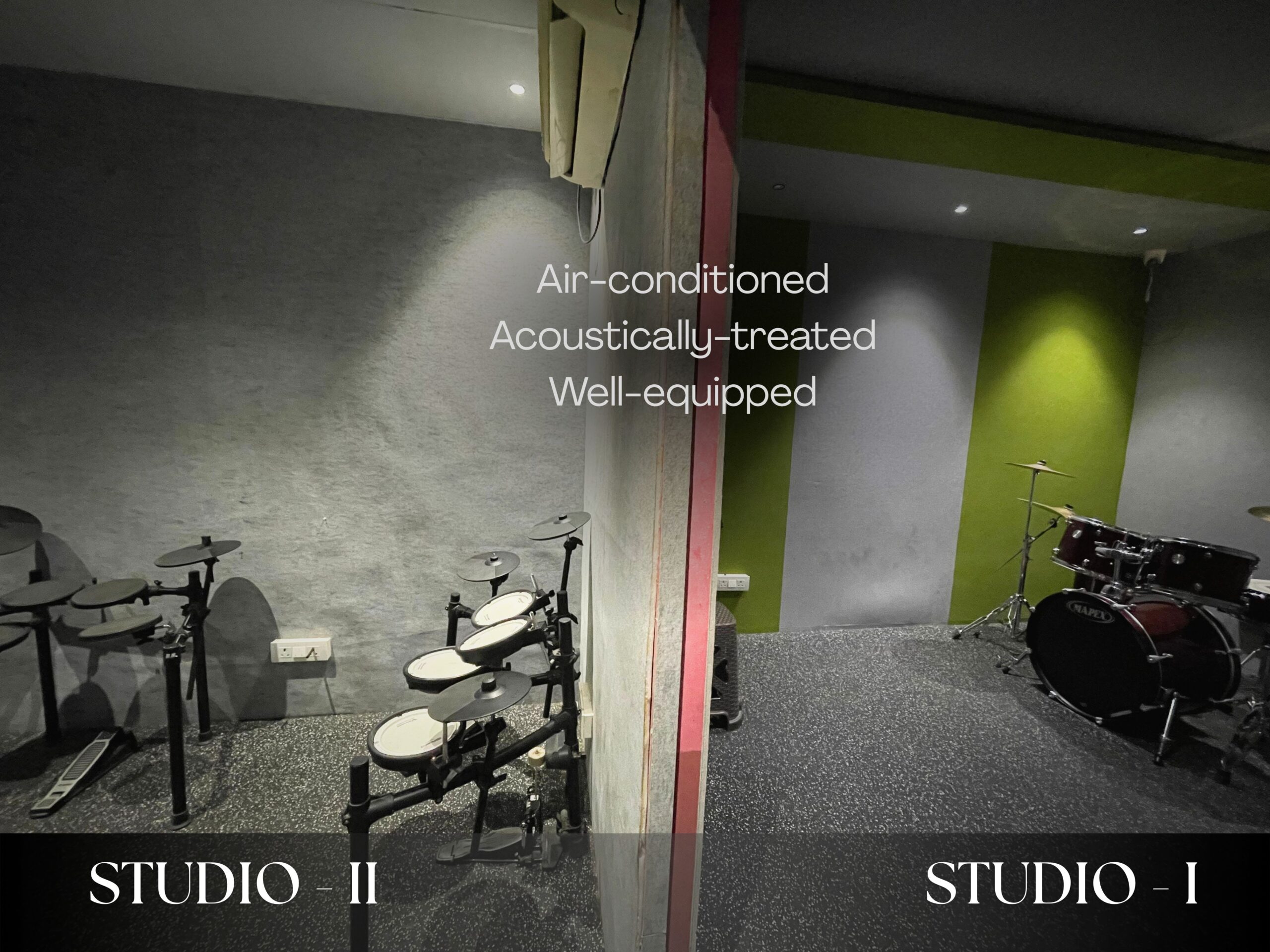 Drum lesson studio at The Rhythm Story's Pimple Saudagar branch inside Spot 18 Mall.