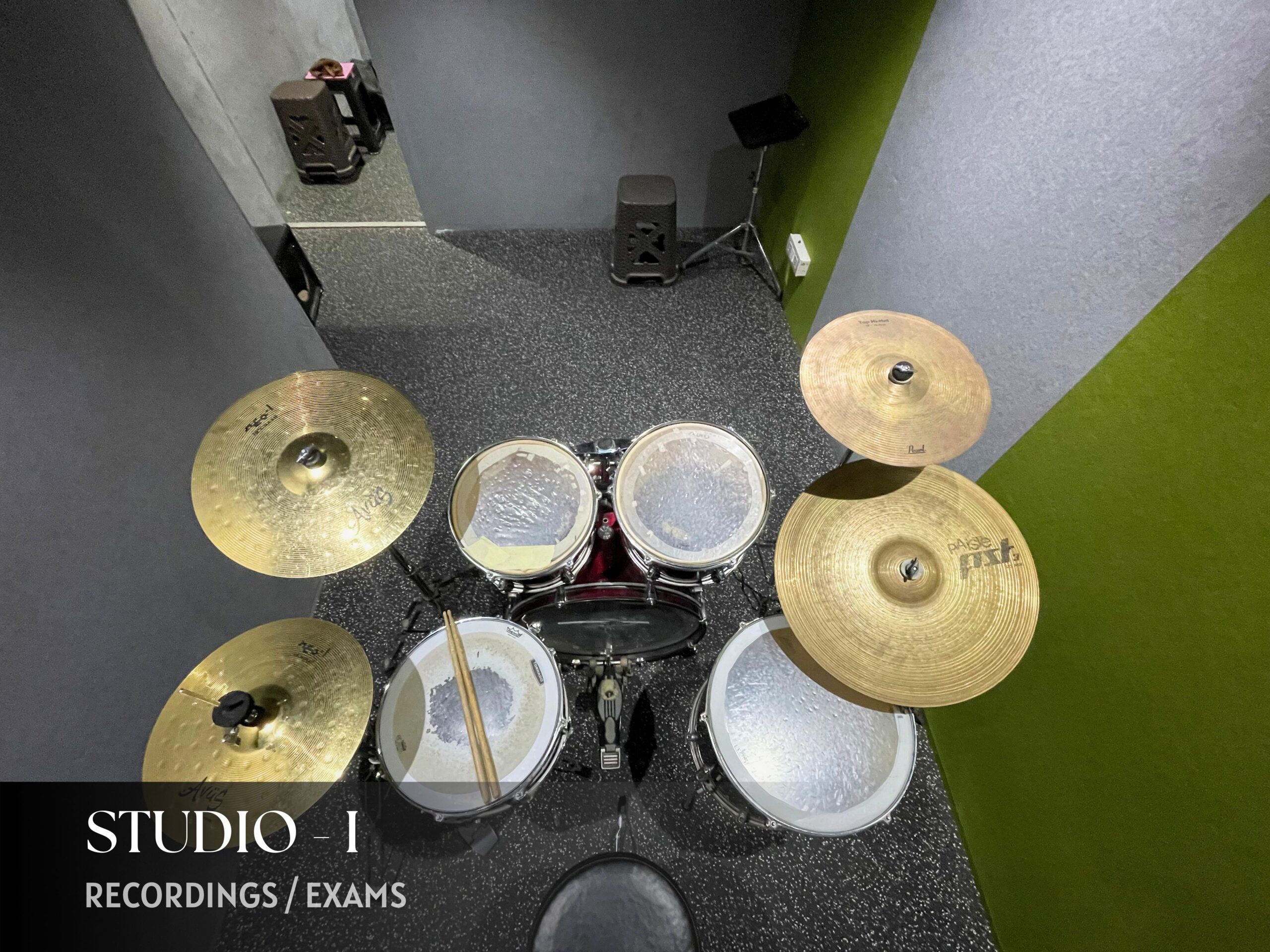Top view of a professional drum kit used for drum lessons at The Rhythm Story in Pimple Saudagar.