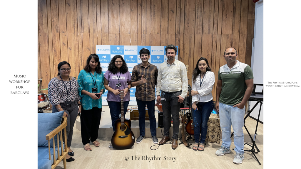 Participants attending a music workshop conducted by The Rhythm Story in Pune.