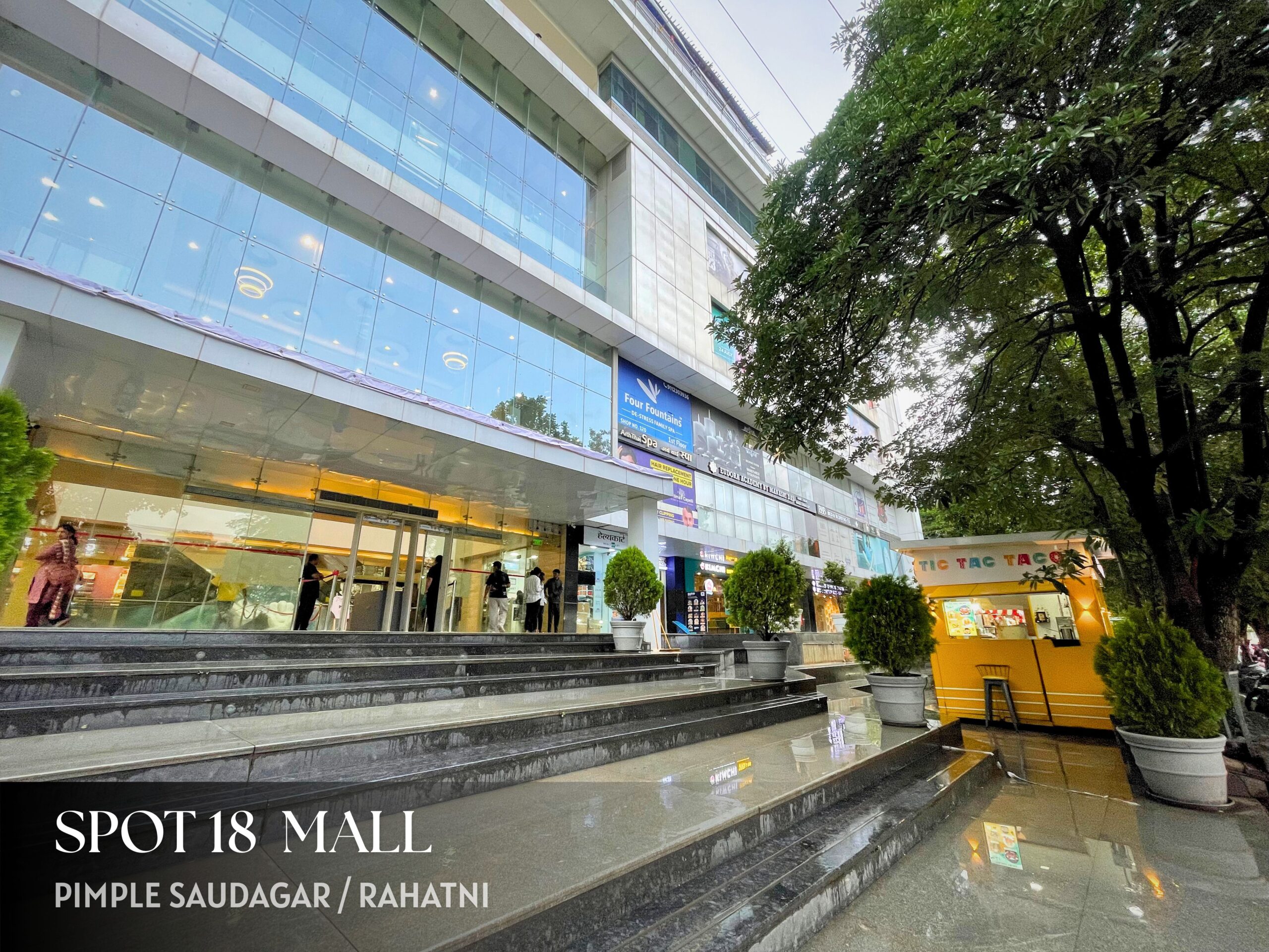 Exterior view of Spot 18 Mall in Pimple Saudagar, home to The Rhythm Story's second drum academy branch.