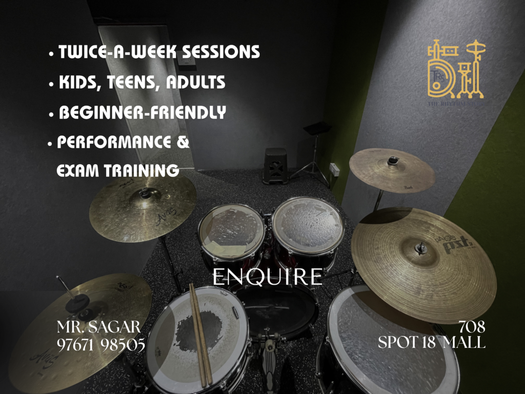 Promotional graphic announcing The Rhythm Story's new drum academy branch in Pimple Saudagar.