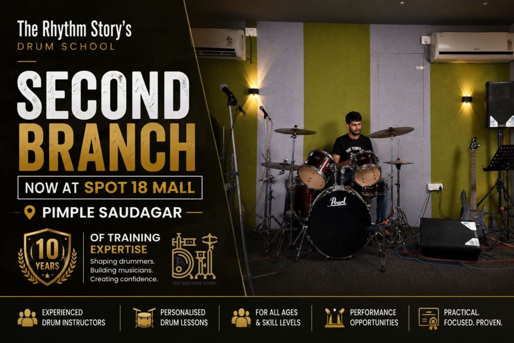 The Rhythm Story announces its second drum school branch at Spot 18 Mall in Pimple Saudagar, Pune, with a professional drum learning studio.
